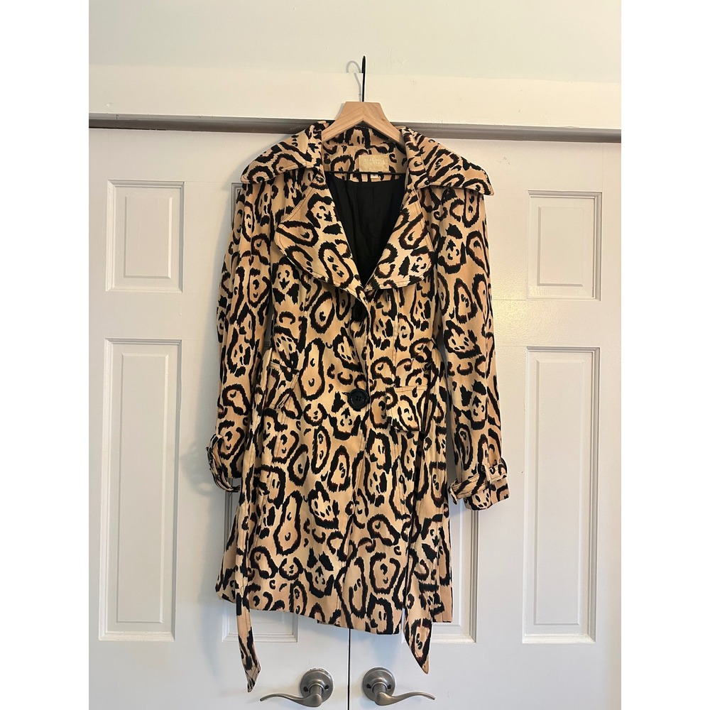 Alberto Makali Womens‎ Leopard Print Trench Coat Tan Black Belted Size 6